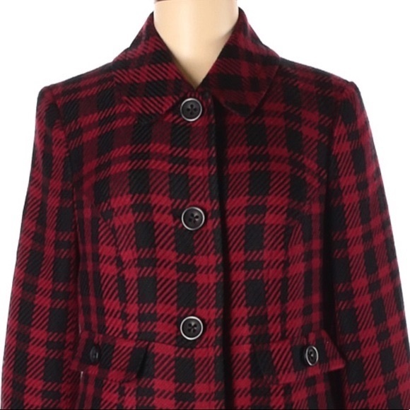 Apt. 9 size M burgundy & black plaid button up lined long sleeve wool blend coat - Picture 3 of 16